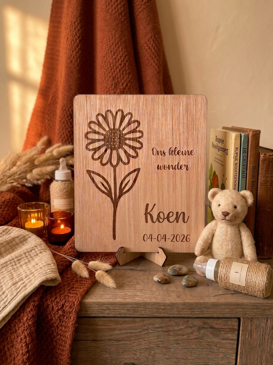 Houten geboortebord met geboortebloem