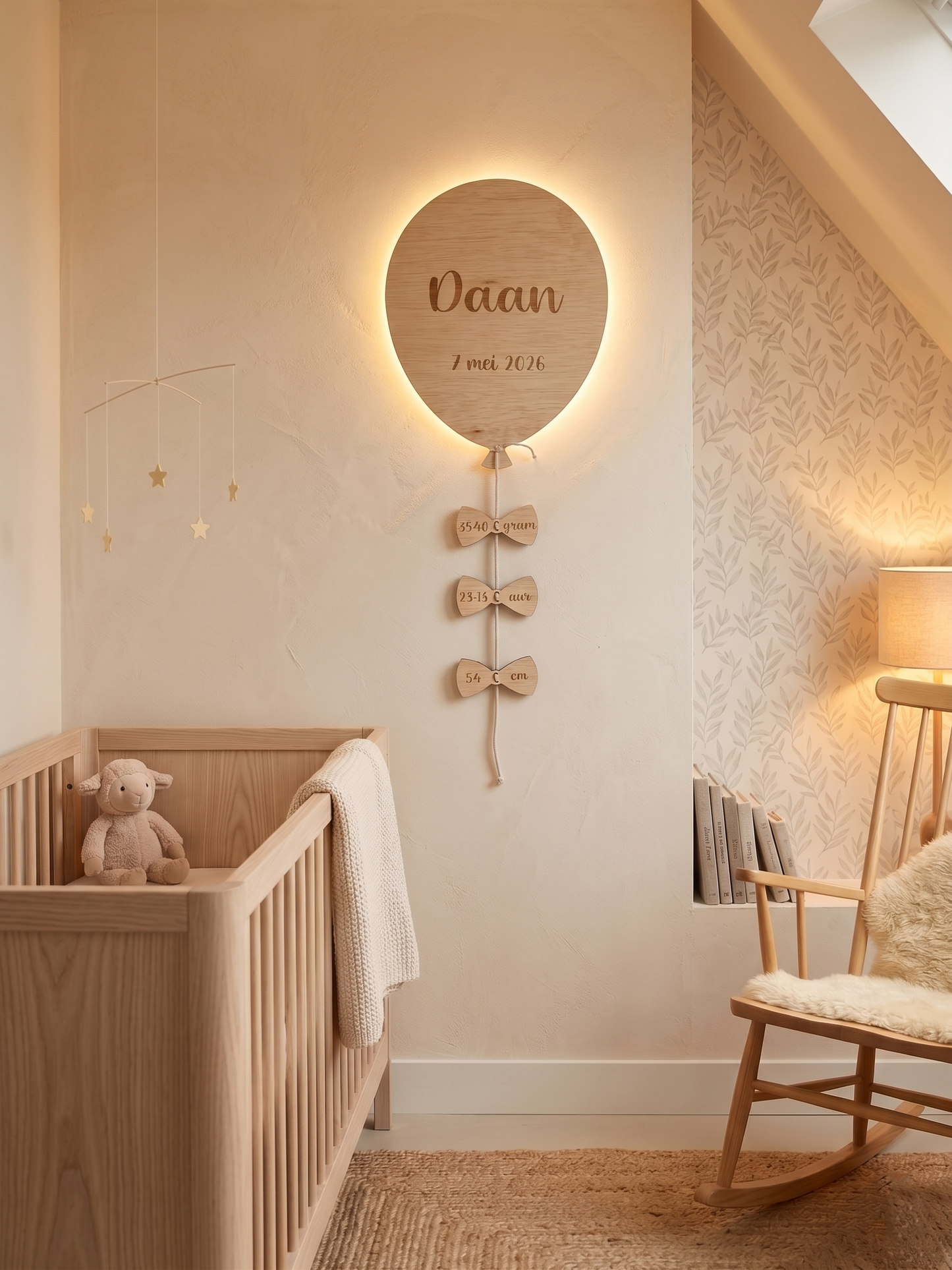Houten ballon wandlamp strak