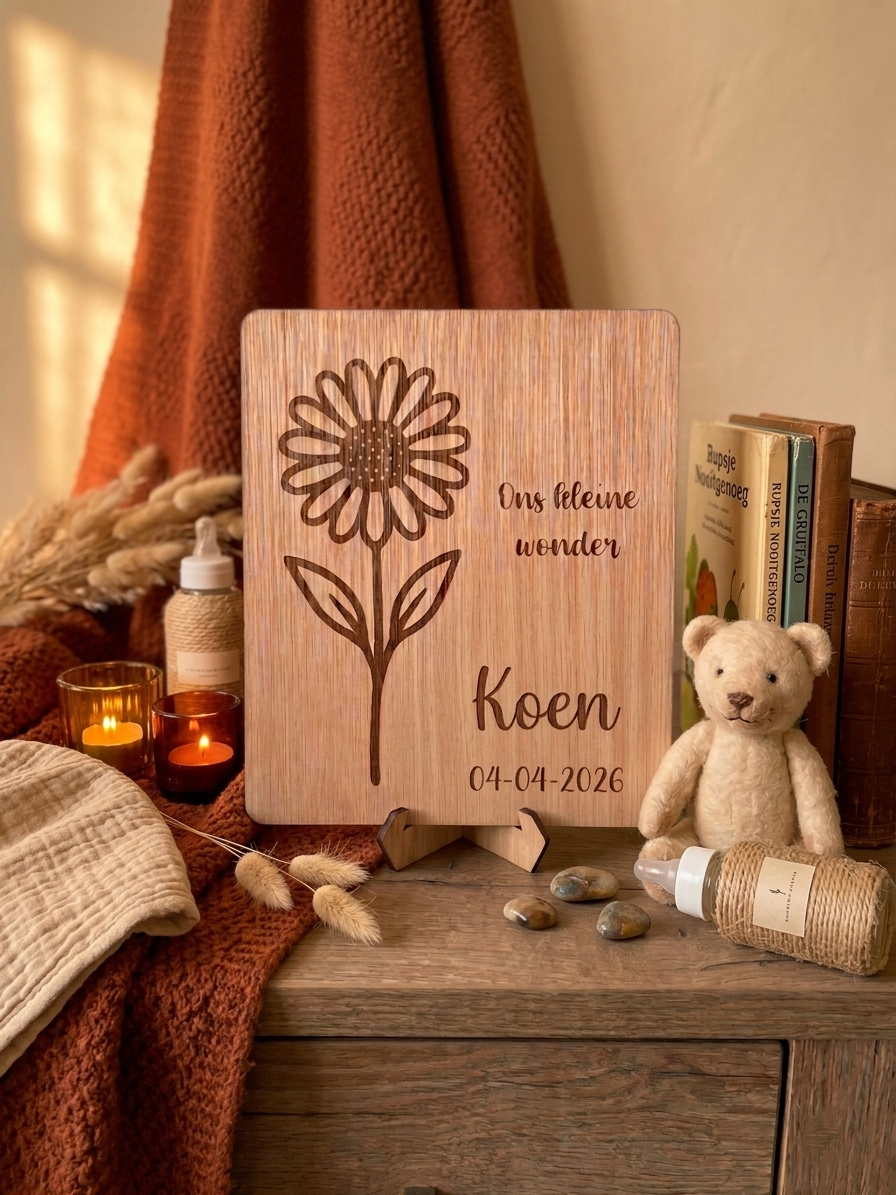 Houten geboortebord met geboortebloem