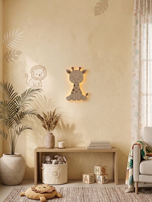 Houten giraffe wandlamp