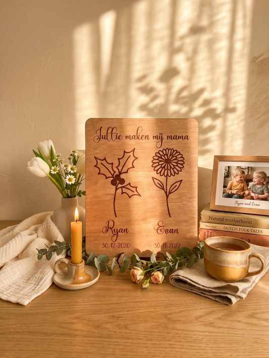 Houten geboortebloemen bordje mama